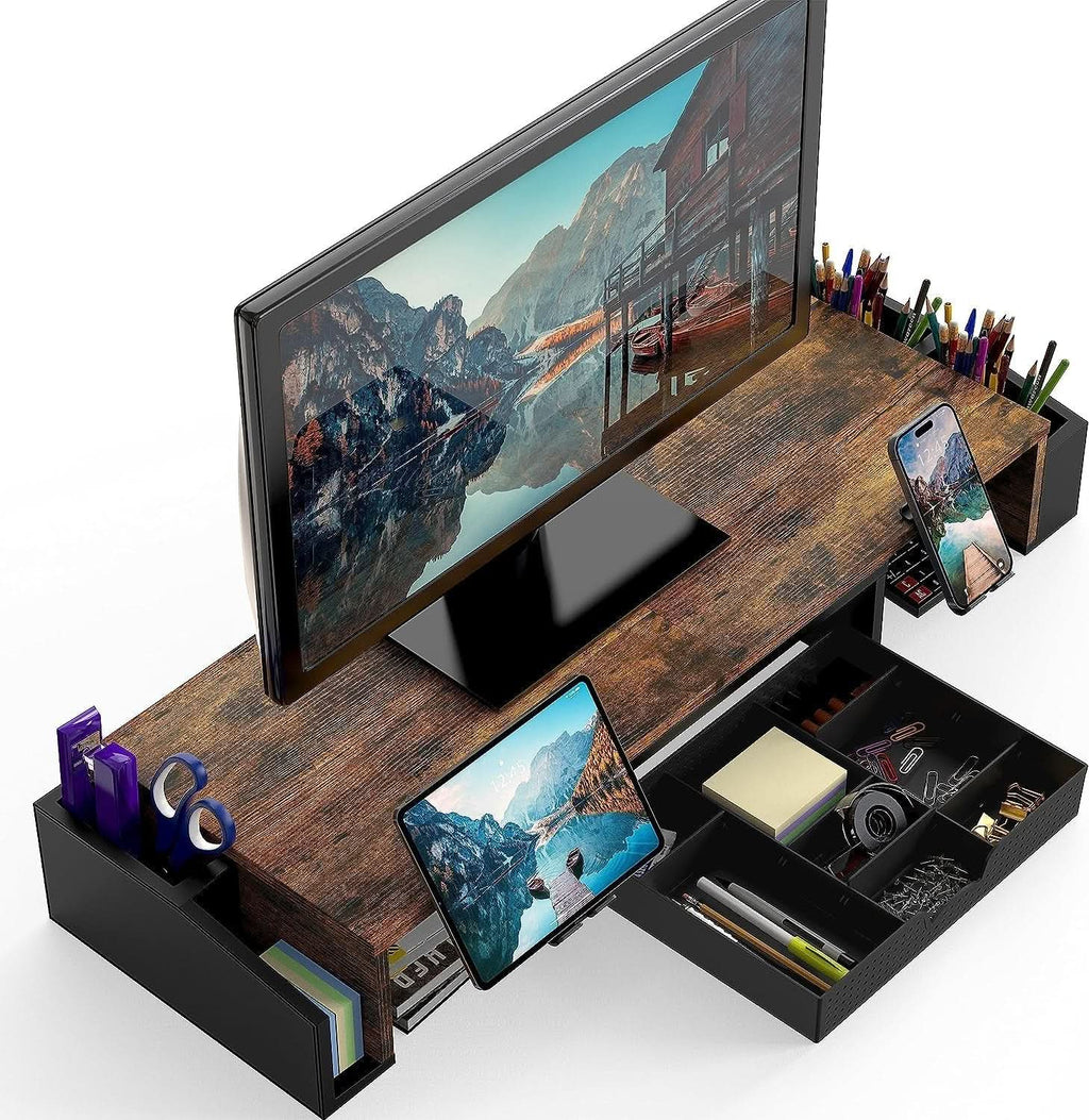 Desk Dual Monitor Stand Riser With Drawer Rustic Brown