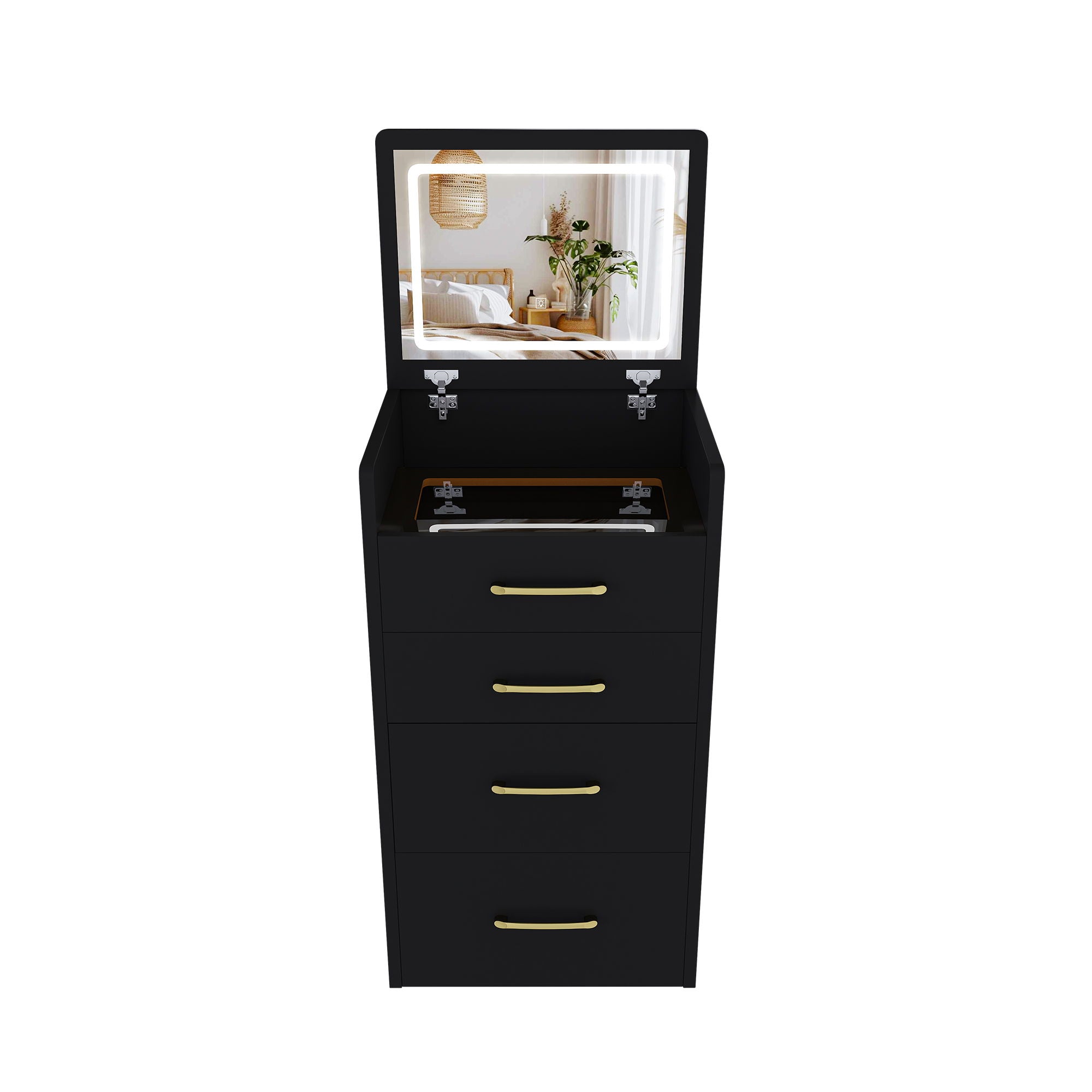 3 In 1 Vanity Desk With Open Top Mirror, Glass Desktop Makeup Set With 3 Drawers, Compact Dressing Table For Bedroom - Black