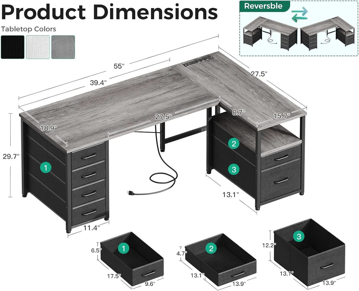 L Shaped Computer Desk With 6 Drawers And Power Outlet