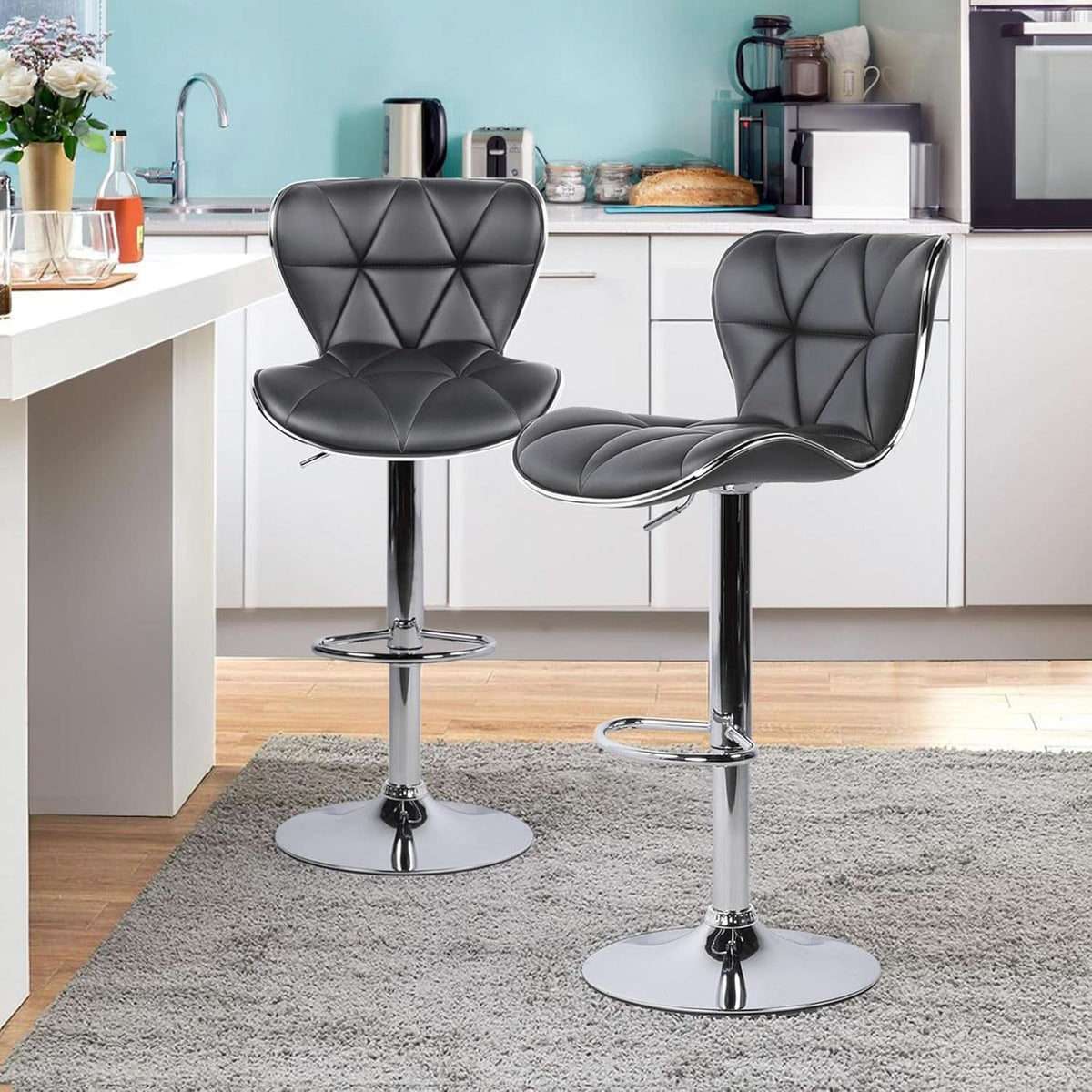 Grey Adjustable PU Leather Swivel Bar Stools Set of 2, Counter Height