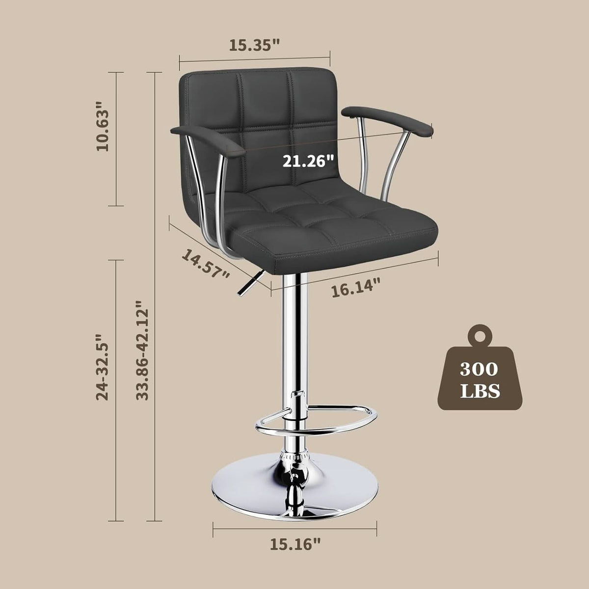 Two Adjustable Swivel Bar Stools With Back Grey PU Leather
