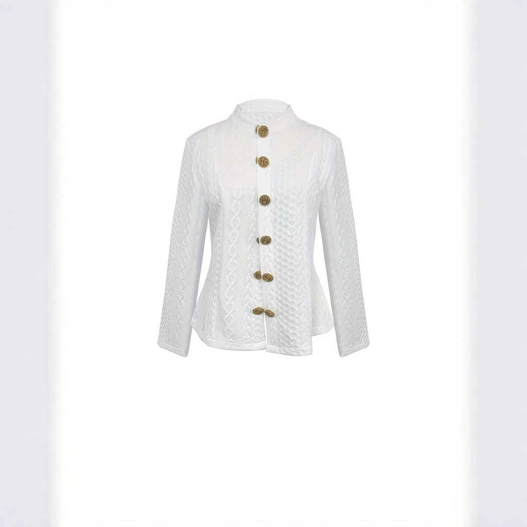 Women's Fashionable Solid Color Textured Fabric Stand Up Collar Jacket