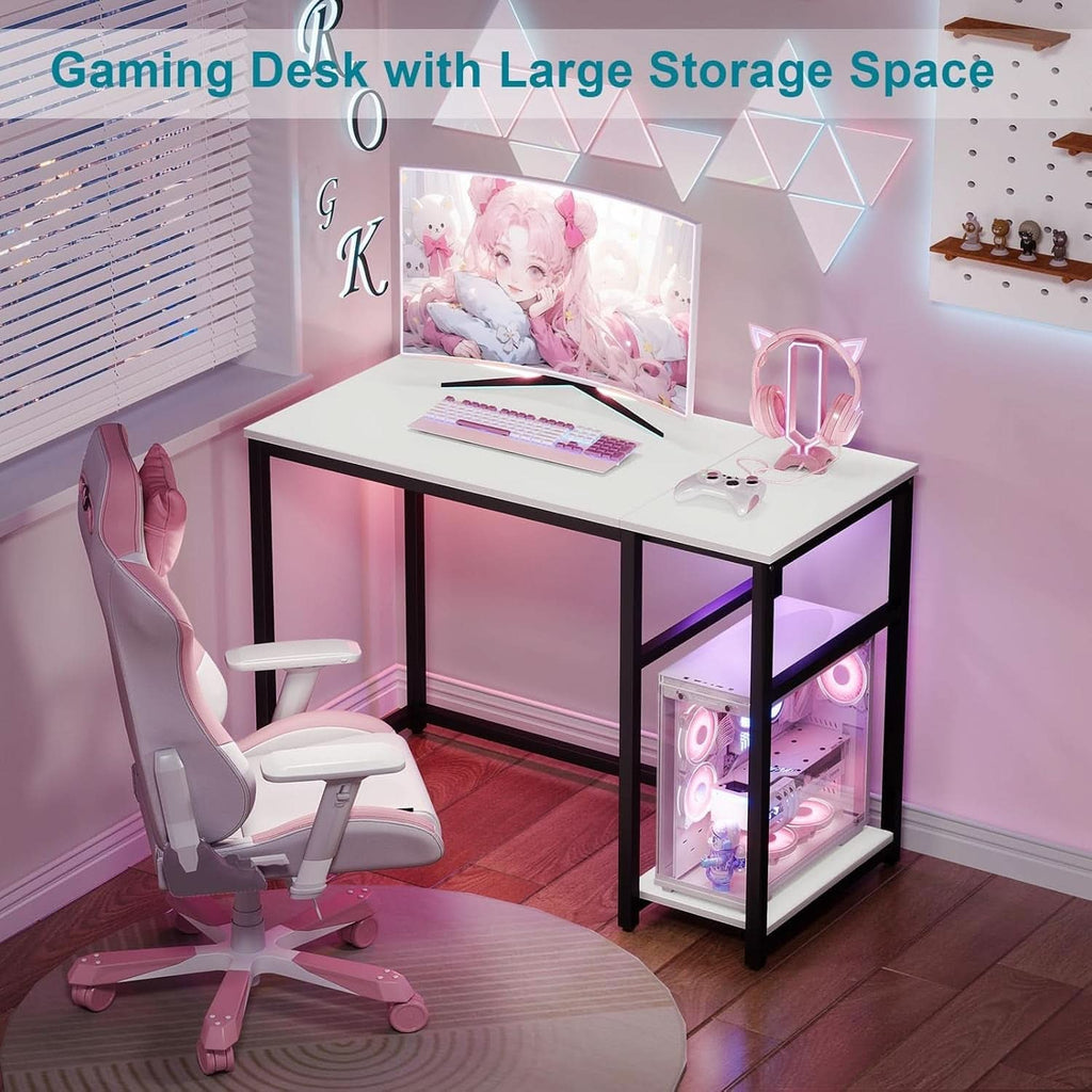 40 Inch White Computer Desk With 2 Tier Shelves Home Office