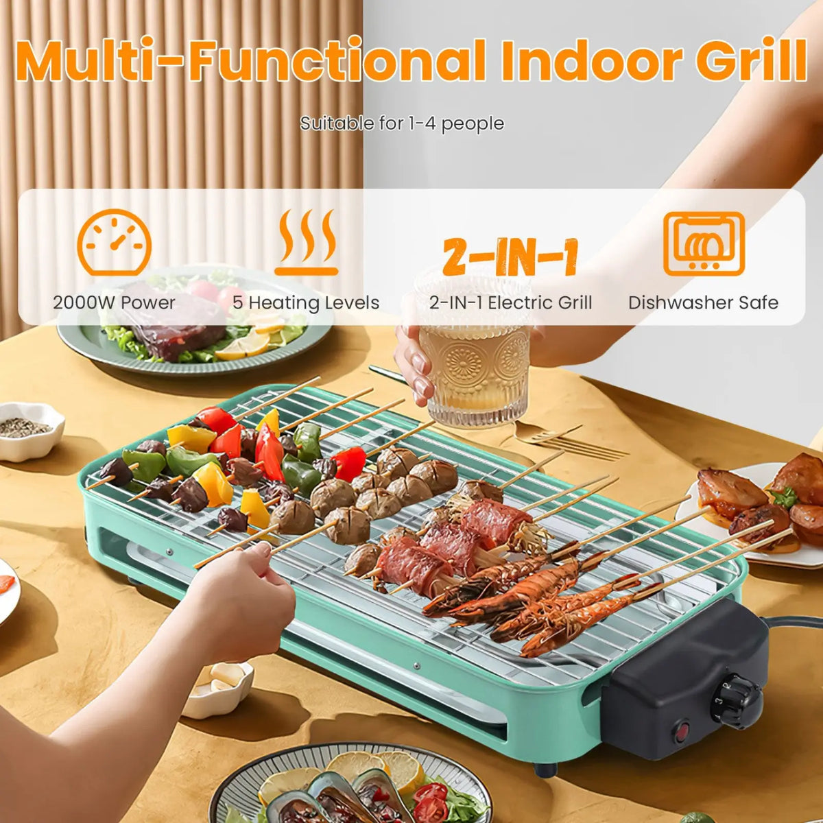2000w Electric Indoor Grill with 3 Raclette Trays