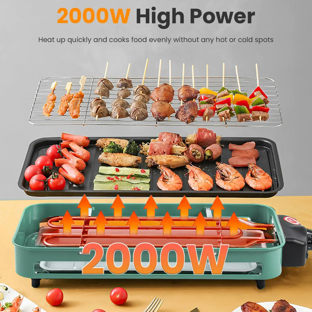 2000w Electric Indoor Grill with 3 Raclette Trays