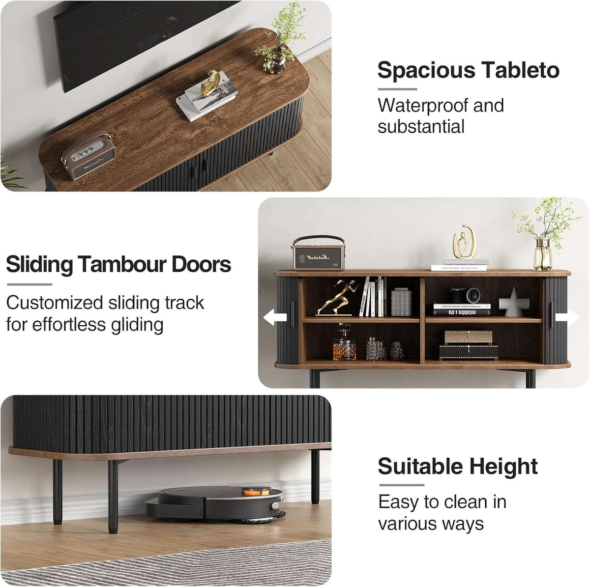 47 Inch Black TV Stand With Sliding Doors And Storage