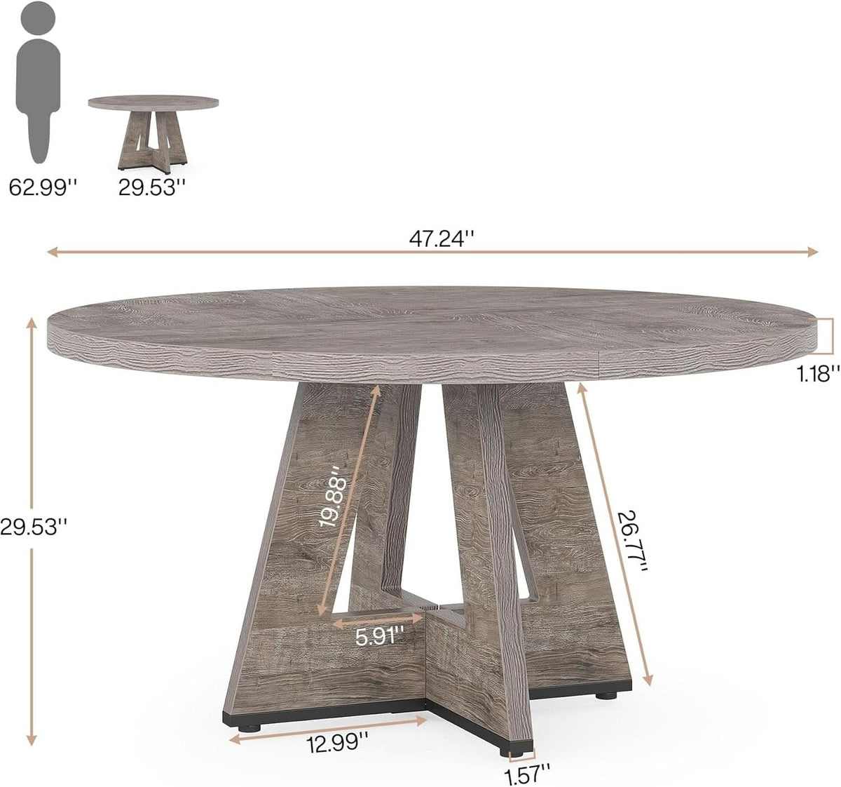 47 Inch Round Farmhouse Dining Table Grey For Four