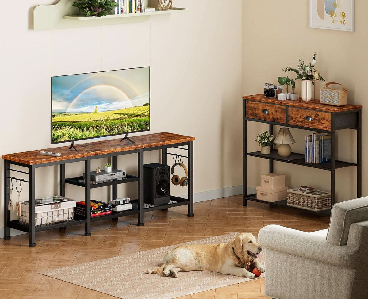 Rustic Brown TV Stand For 55 Inch With Open Storage Shelves