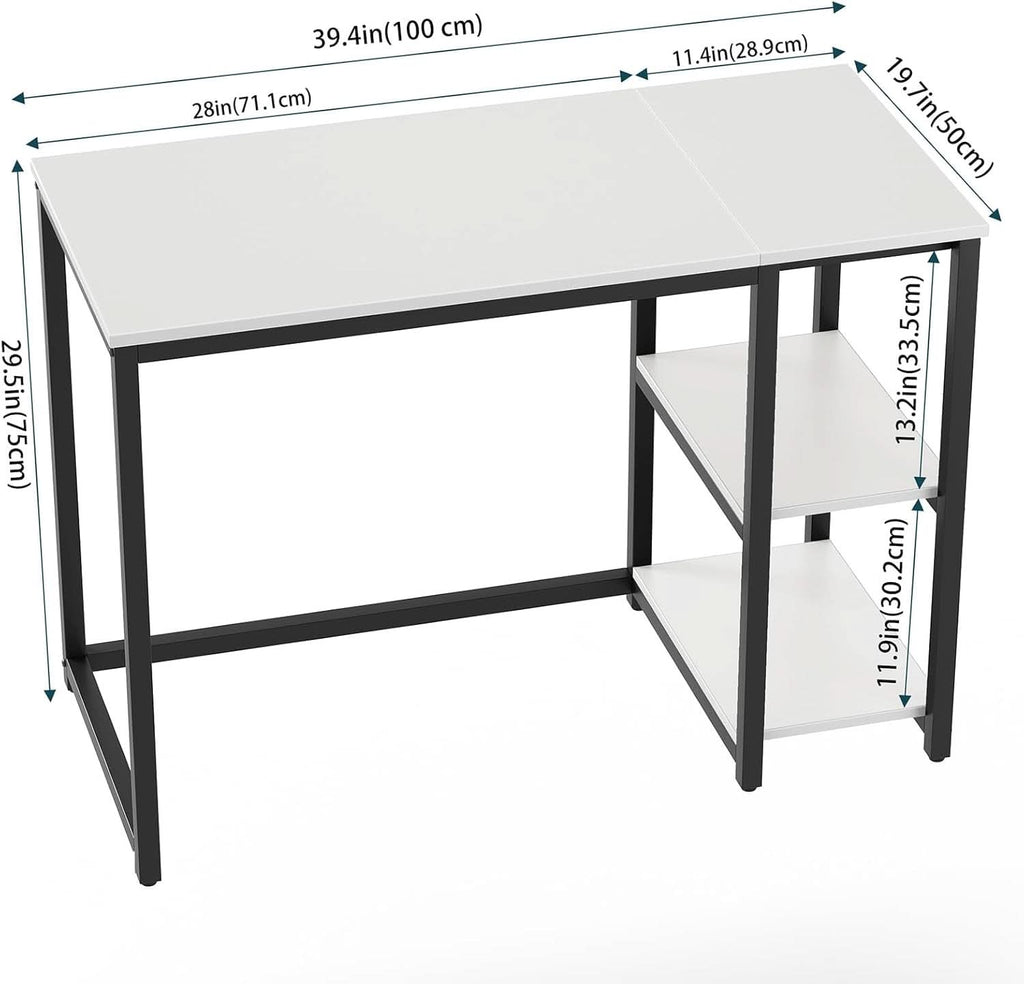 40 Inch White Computer Desk With 2 Tier Shelves Home Office