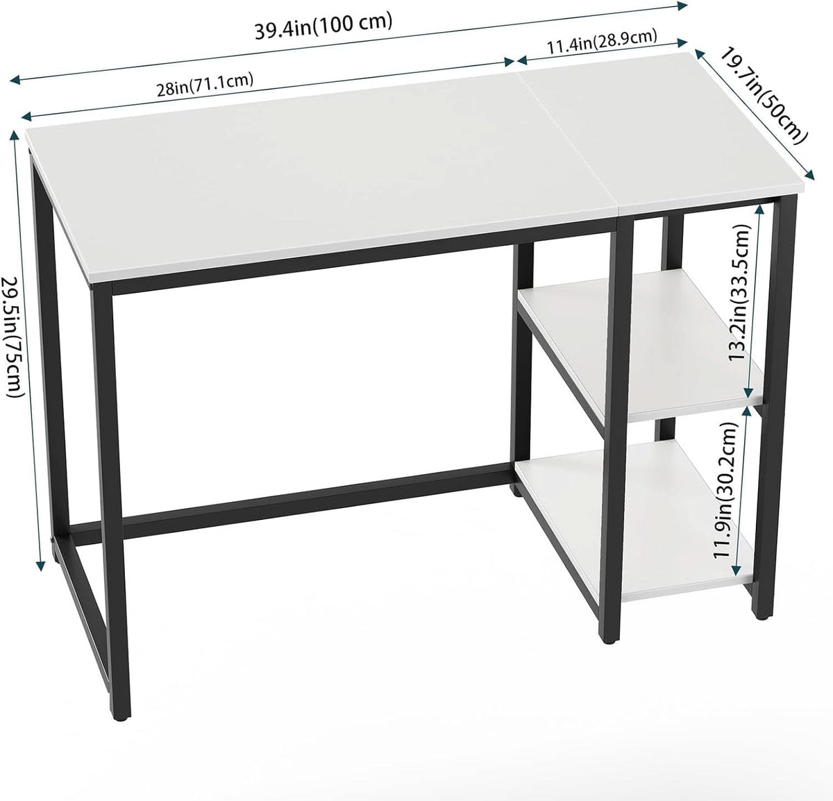 40 Inch White Computer Desk With 2 Tier Shelves Home Office