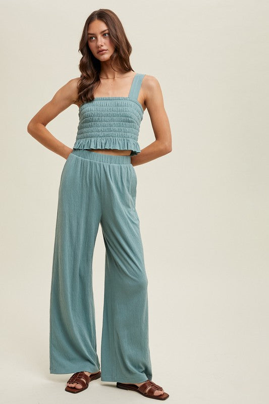 Crinkle Knit Top And Pants Set: D. Sage