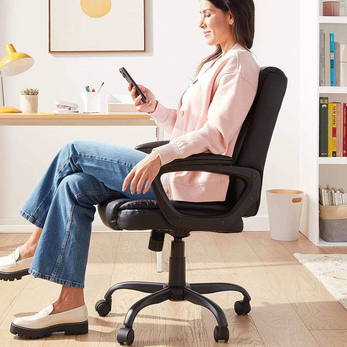 Black PU Mid-Back Office Chair Height Adjustable Ergonomic