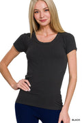 Ribbed Round Neck Short Sleeve Tee Shirt - Black