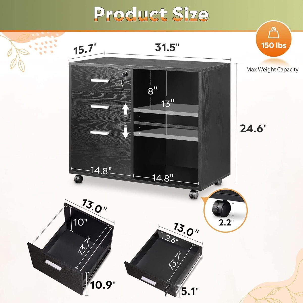 Three Drawer Wood File Cabinet With Lock Black Finish