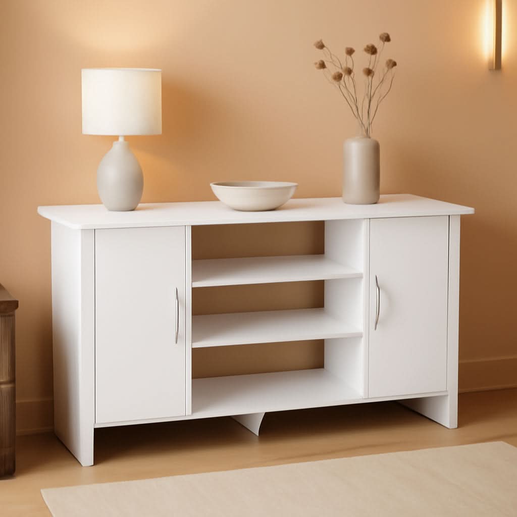 50 Inch White TV Stand With Concealed Storage And Shelves