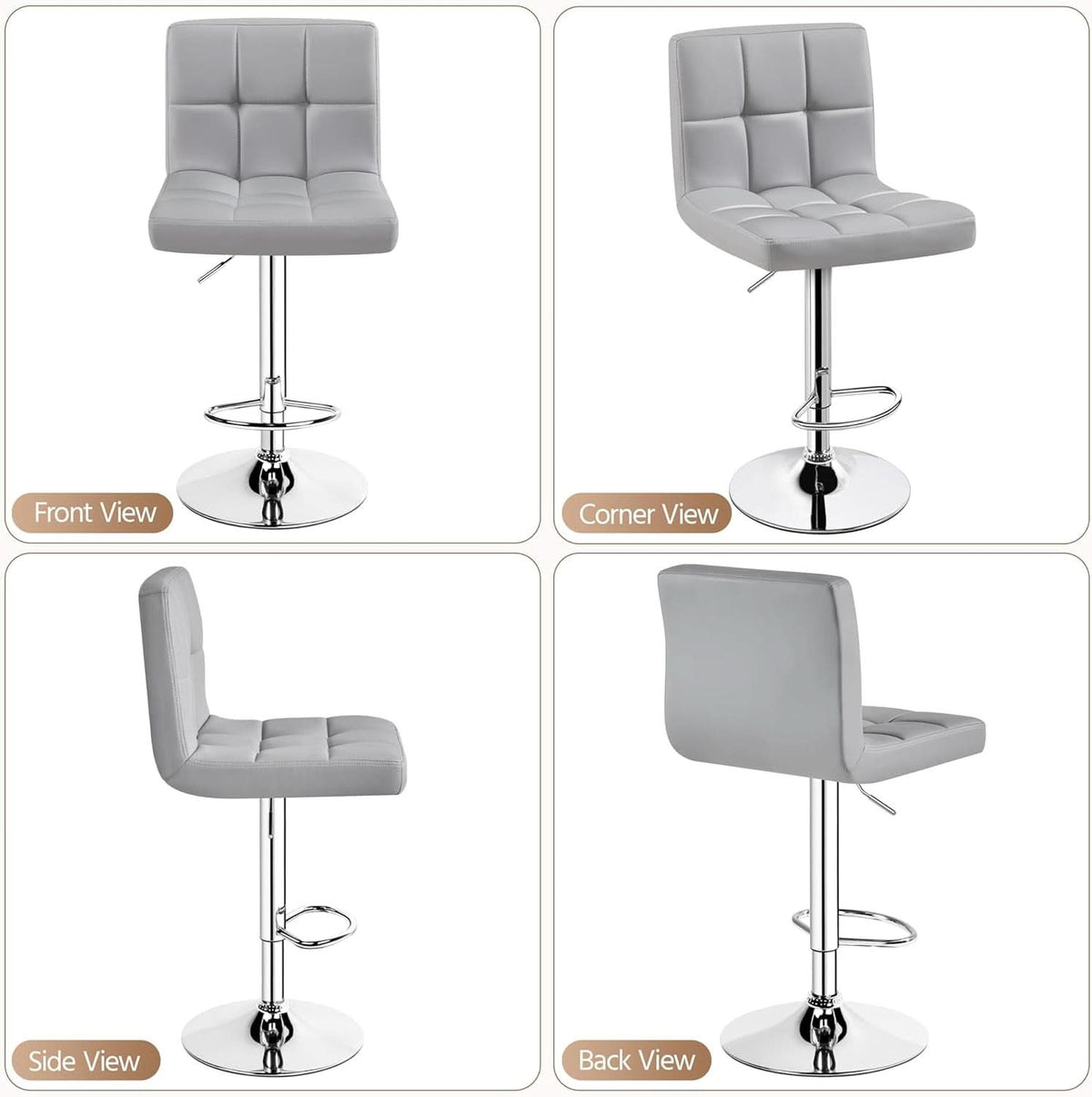 Bar Stools 2 Pack Adjustable Gray PU Leather Counter Height