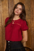 Eyelet Lace Trim Double Front Tie Puff Sleeve Top - Red