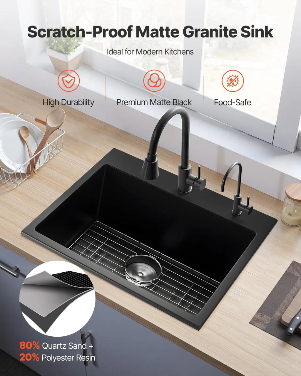 25 Inch Granite Kitchen Sink Single Bowl Drop-in Basin