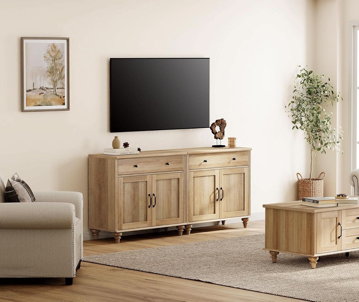 Oak Buffet Cabinet 68 Inch With 4 Doors And 2 Drawers