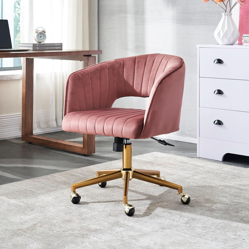 Pink Velvet Swivel Home Office Chair 360 Degree With Gold Base