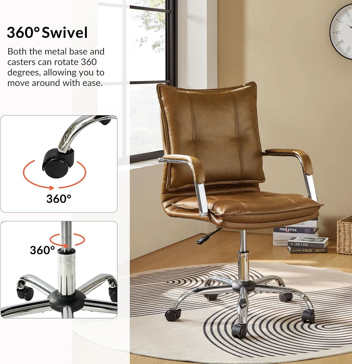 Brown Faux Leather Office Desk Chair Adjustable Swivel