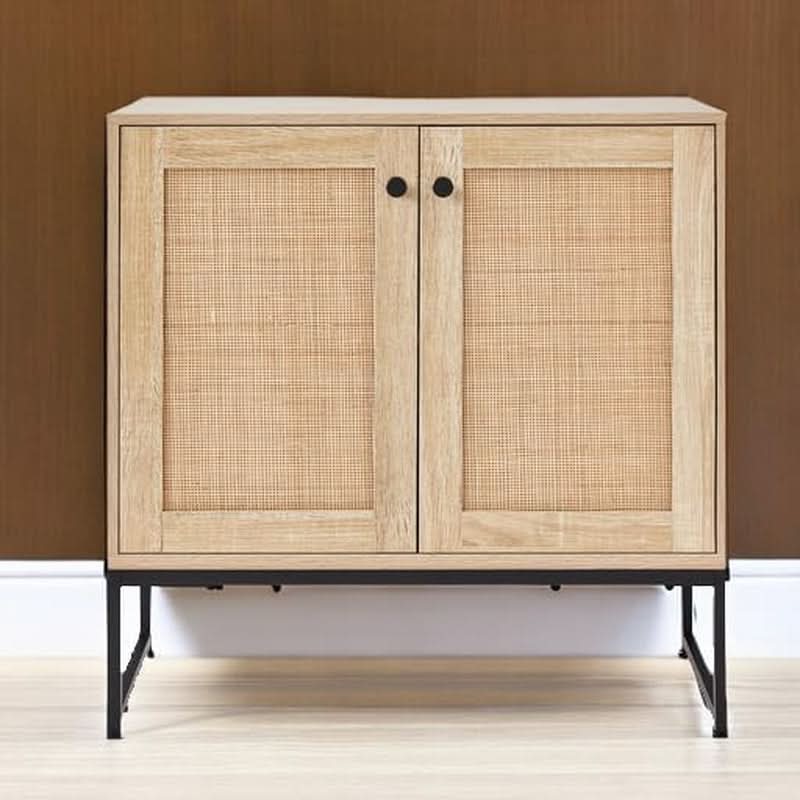 Two Door Rattan Storage Cabinet Natural Finish With Non Scratch Foot Pads For Living Room Hallway Kitchen