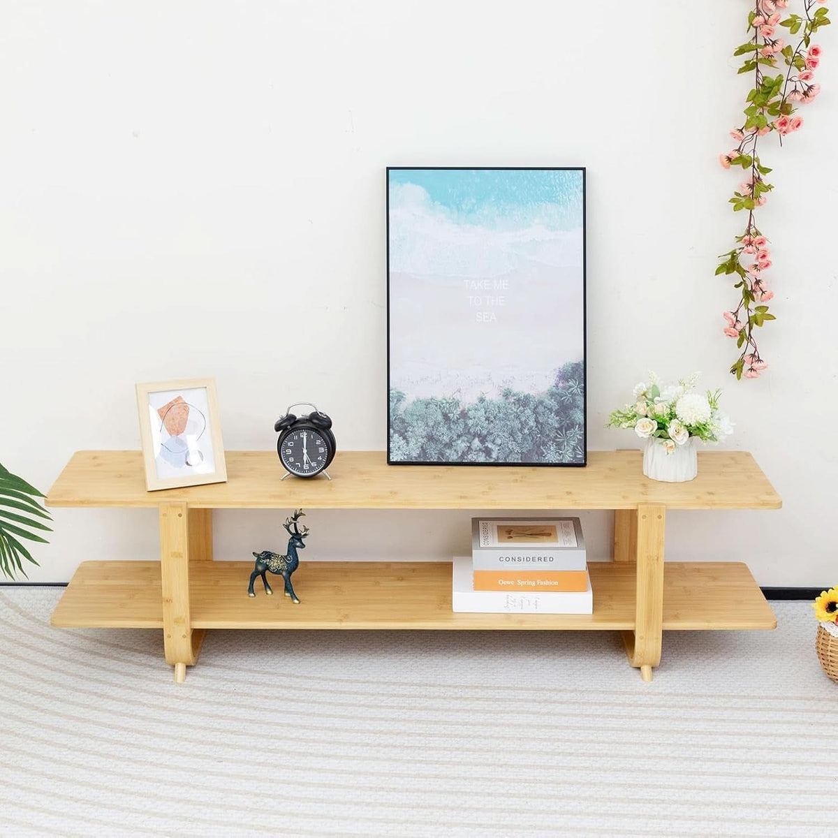 Bamboo TV Stand For 65 Inch TVs With Shelves And Storage
