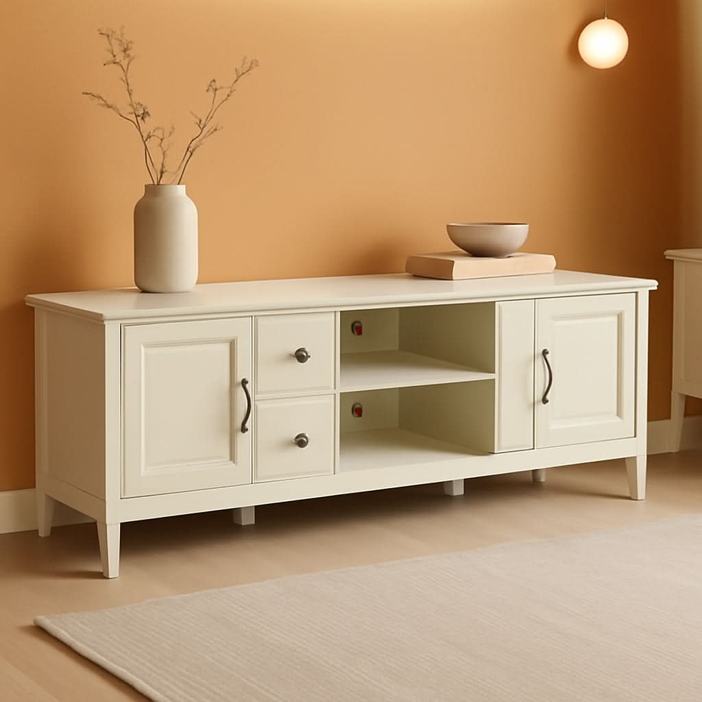 72 Inch Wide Solid Wood TV Stand Antique White With Storage