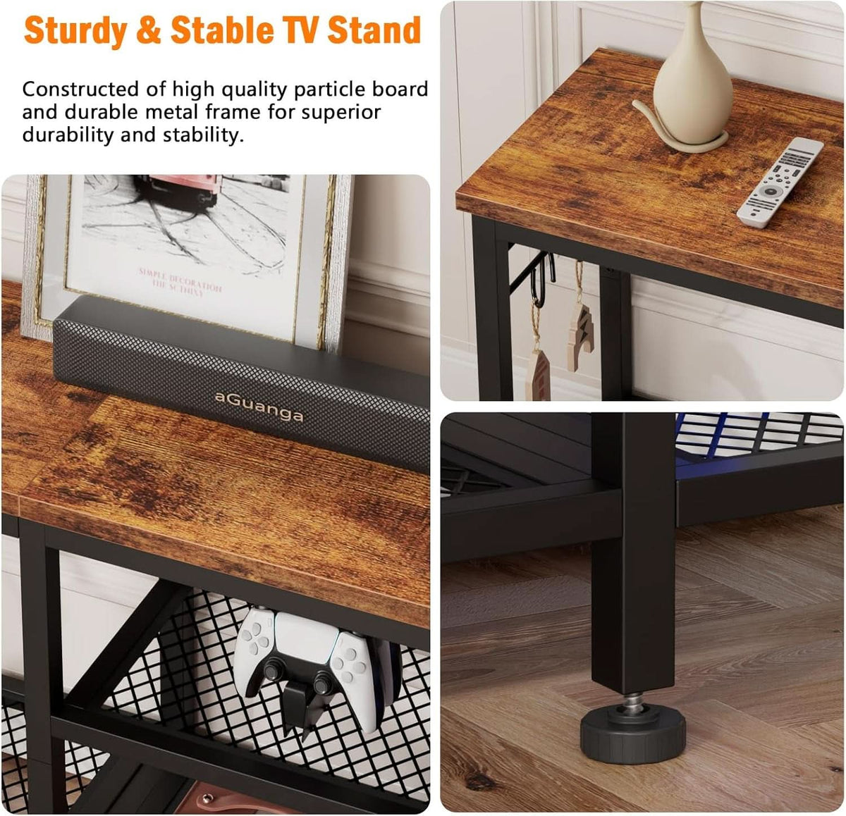 Rustic Brown TV Stand For 55 Inch With Open Storage Shelves