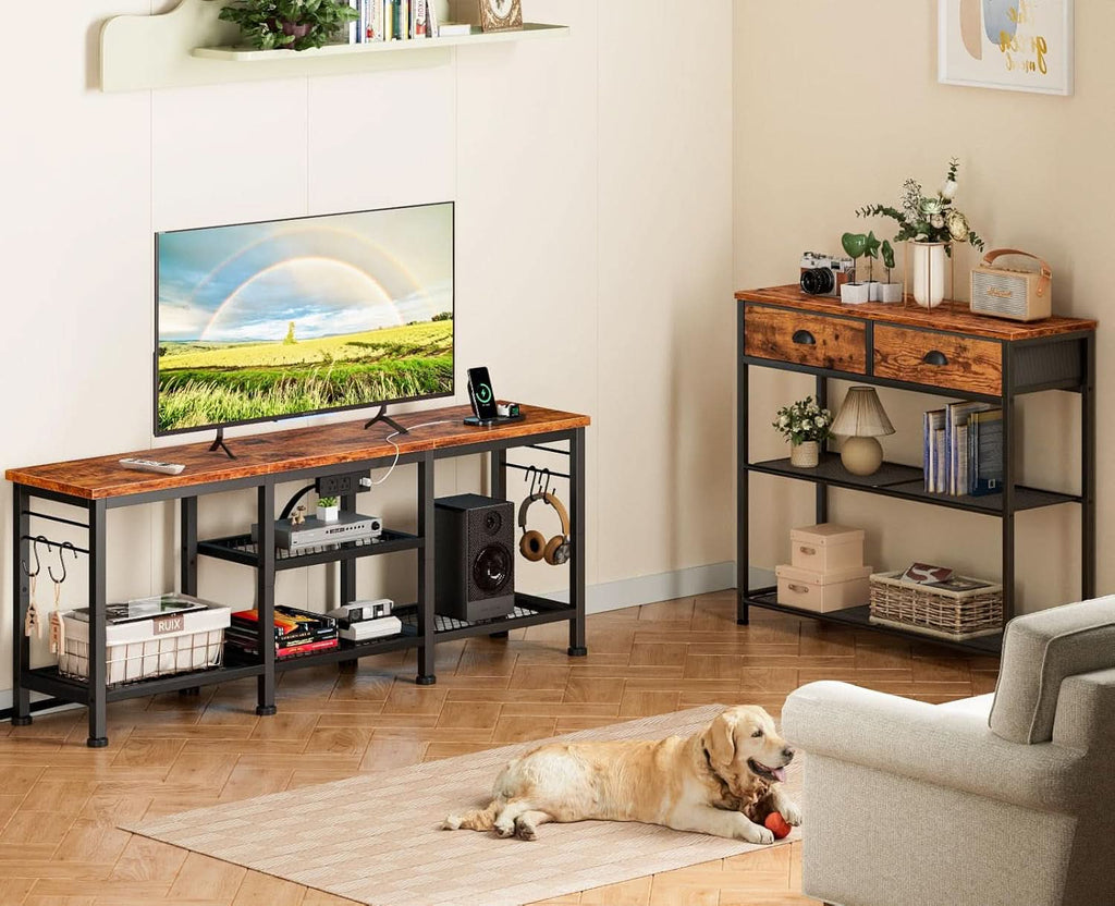 Rustic Brown TV Stand With Power Outlets For 55 Inch TVs