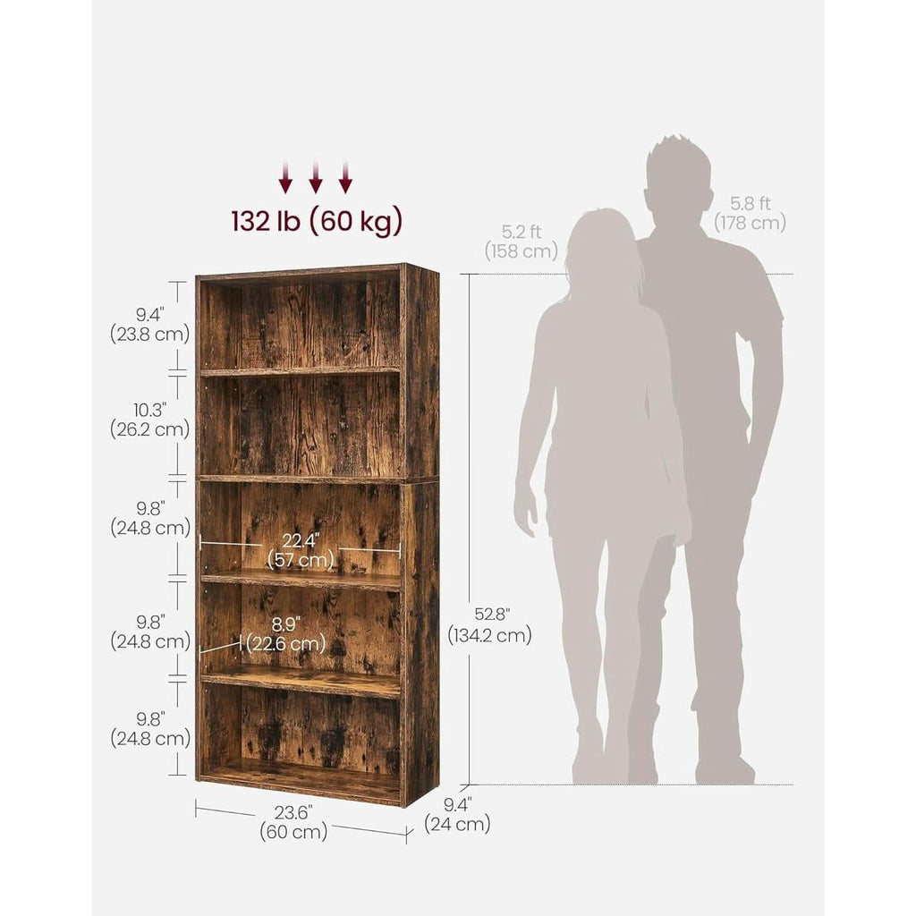 Rustic Brown Bookshelf Five Tier Adjustable Shelves
