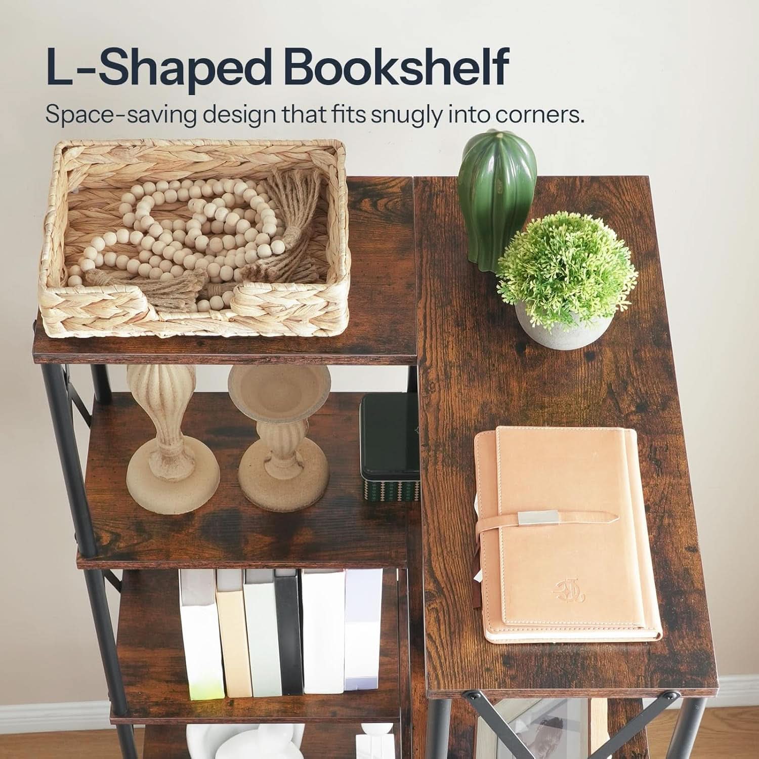 Corner Bookshelf 5-Tier L-Shaped Industrial Bookcase In Rustic Brown