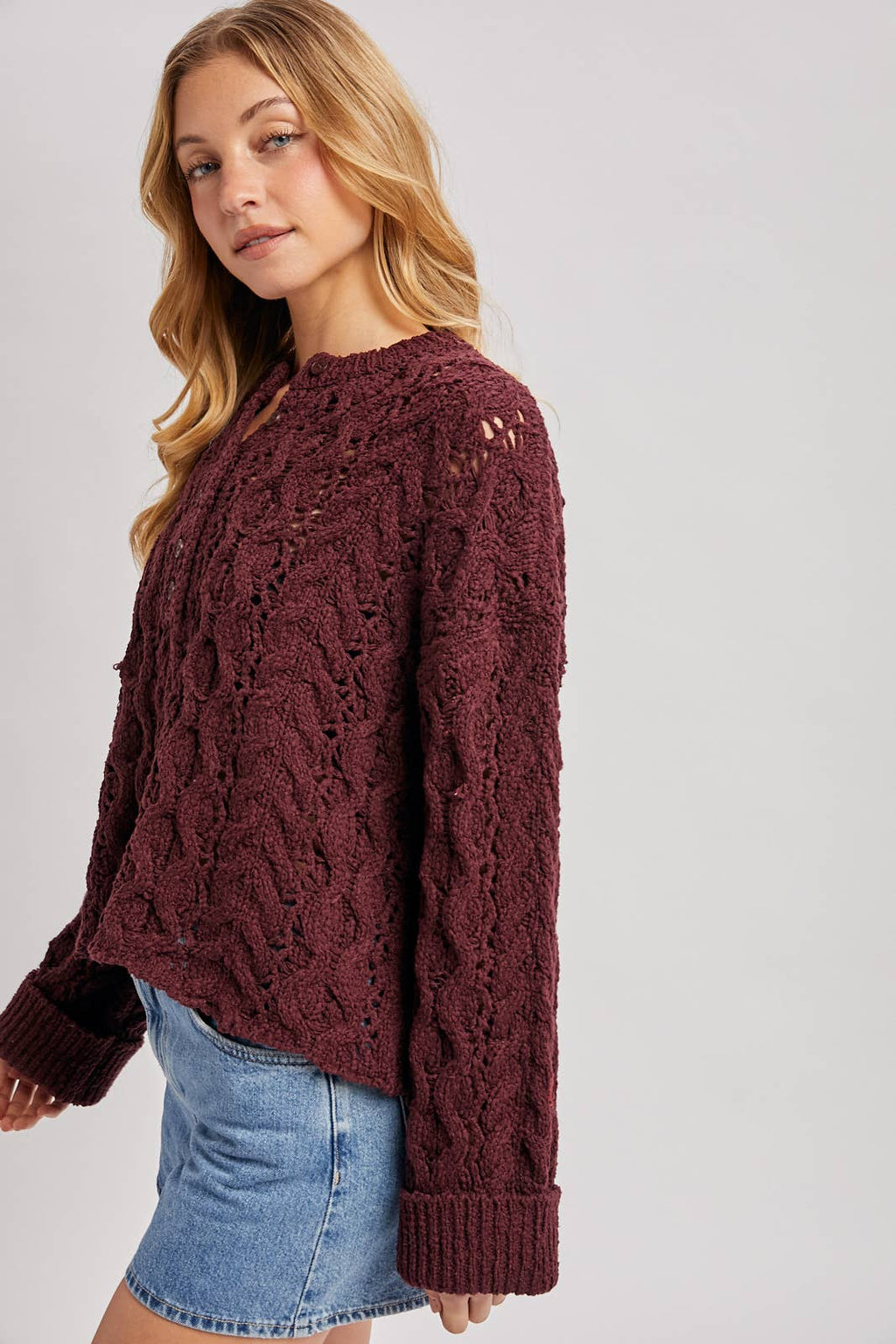 Half-Button Down Open Knit Sweater: ECRU