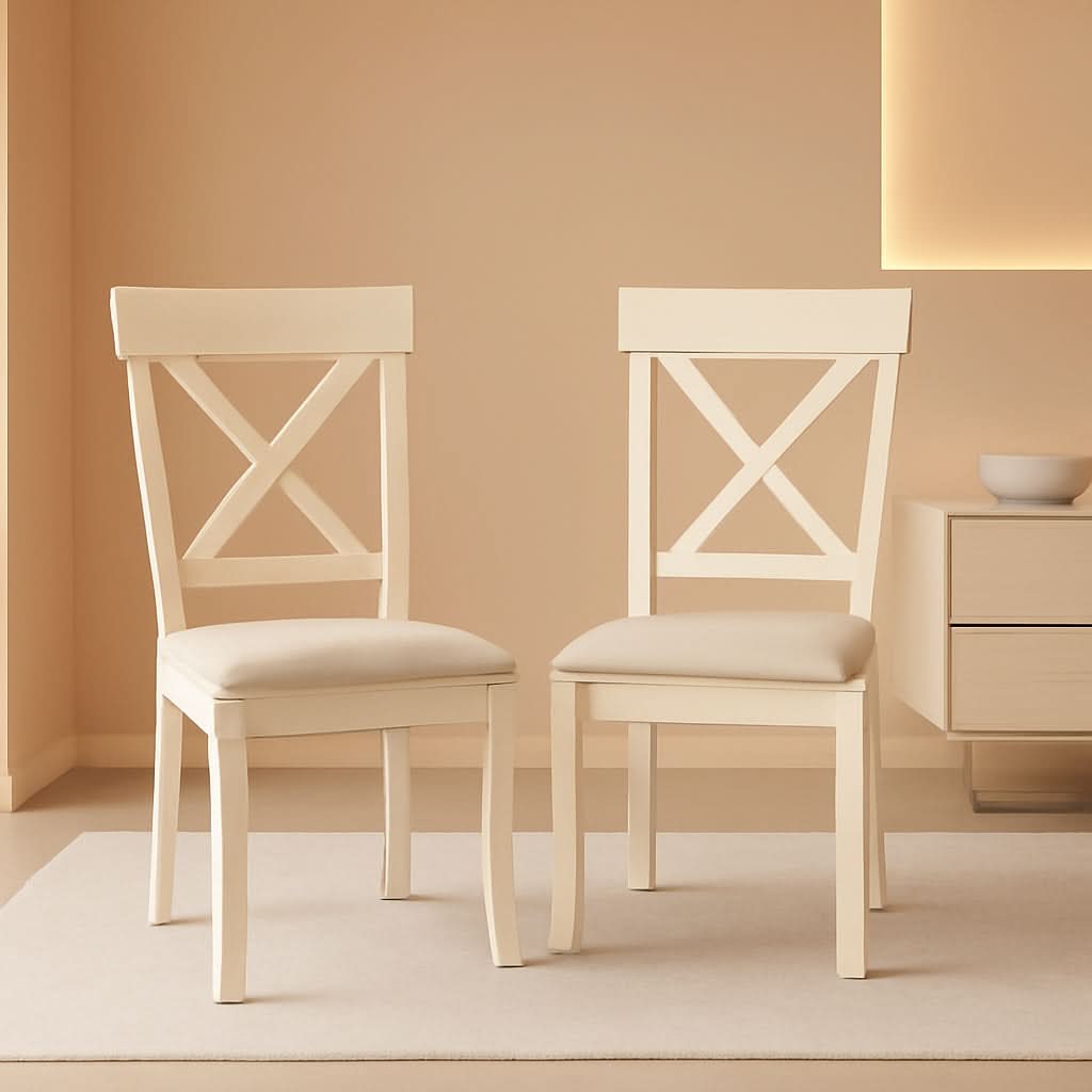 Prato Wood Cross Back Dining Chairs Antique White Tan
