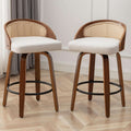 Set Of Two 25 Inch Beige Rattan Swivel Counter Stools With Linen Upholstery Mid Century Modern