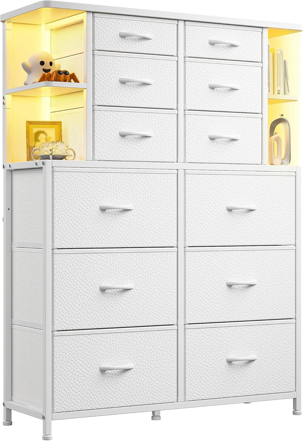 White Bedroom Dresser With LED Lights And 12 Deep Drawers