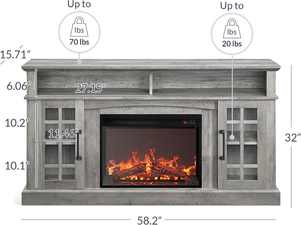 58 Inch Rustic TV Stand With Electric Fireplace And Storage