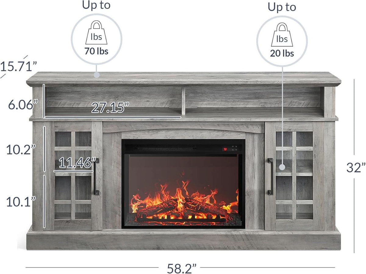 58 Inch Rustic TV Stand With Electric Fireplace And Storage