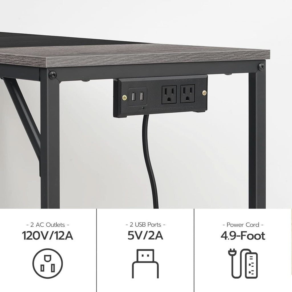 Charcoal Gray Computer Desk With Power Outlet And Hooks