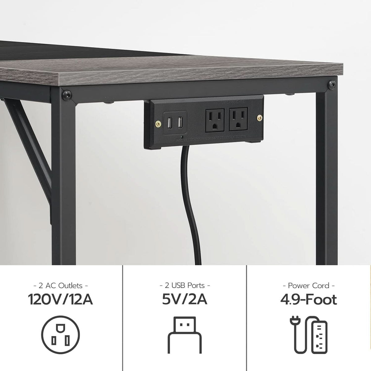 Charcoal Gray Computer Desk With Power Outlet And Hooks