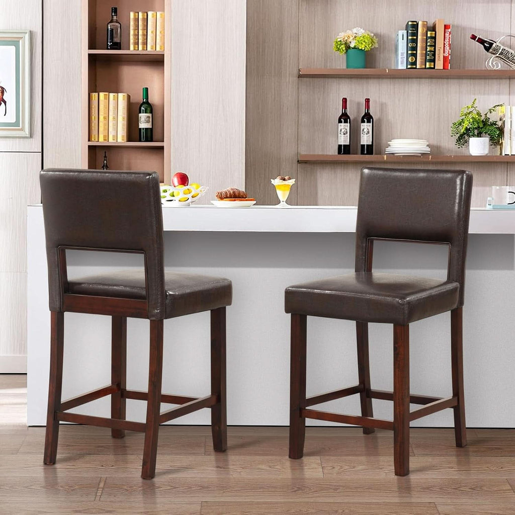 Counter Height Bar Stools Set Of Two, Twenty Four Point Five Inch, Brown Upholstered PVC Leather