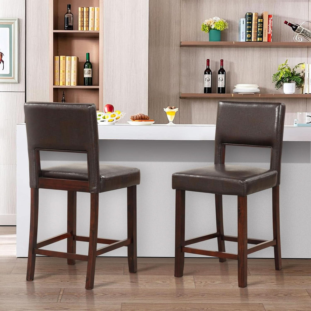 Counter Height Bar Stools Set Of Two, Twenty Four Point Five Inch, Brown Upholstered PVC Leather