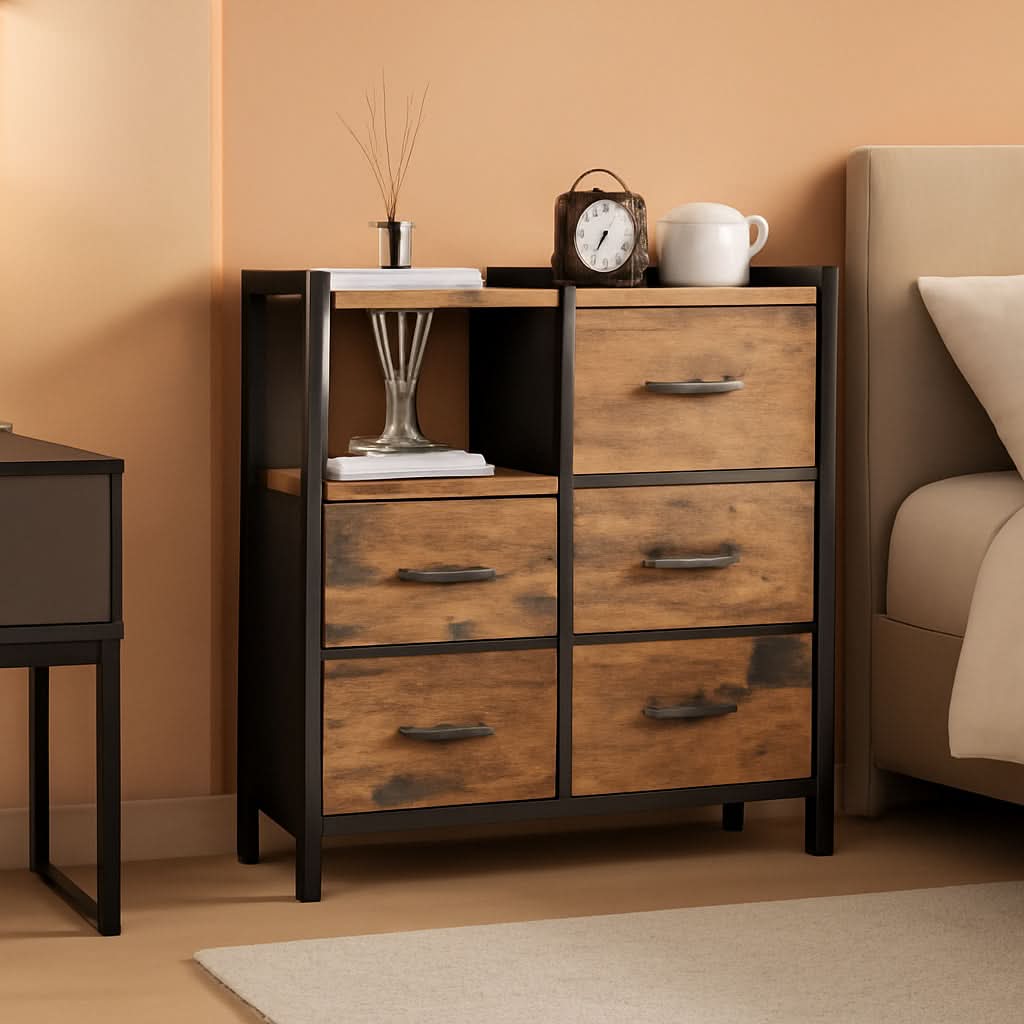5 Drawer Rustic Brown Dresser With Metal Frame For Bedroom