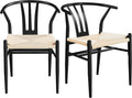 Black Rattan Weave Dining Chairs Set 2 Mid Century Modern