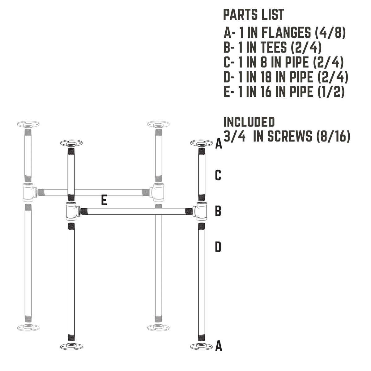 1 in. Heavy Duty H Round Flange Pipe Desk Legs - 2 Pack