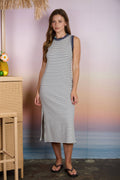 STRIPE CONTRAST TRIM SLEEVELESS KNIT MIDI DRESS