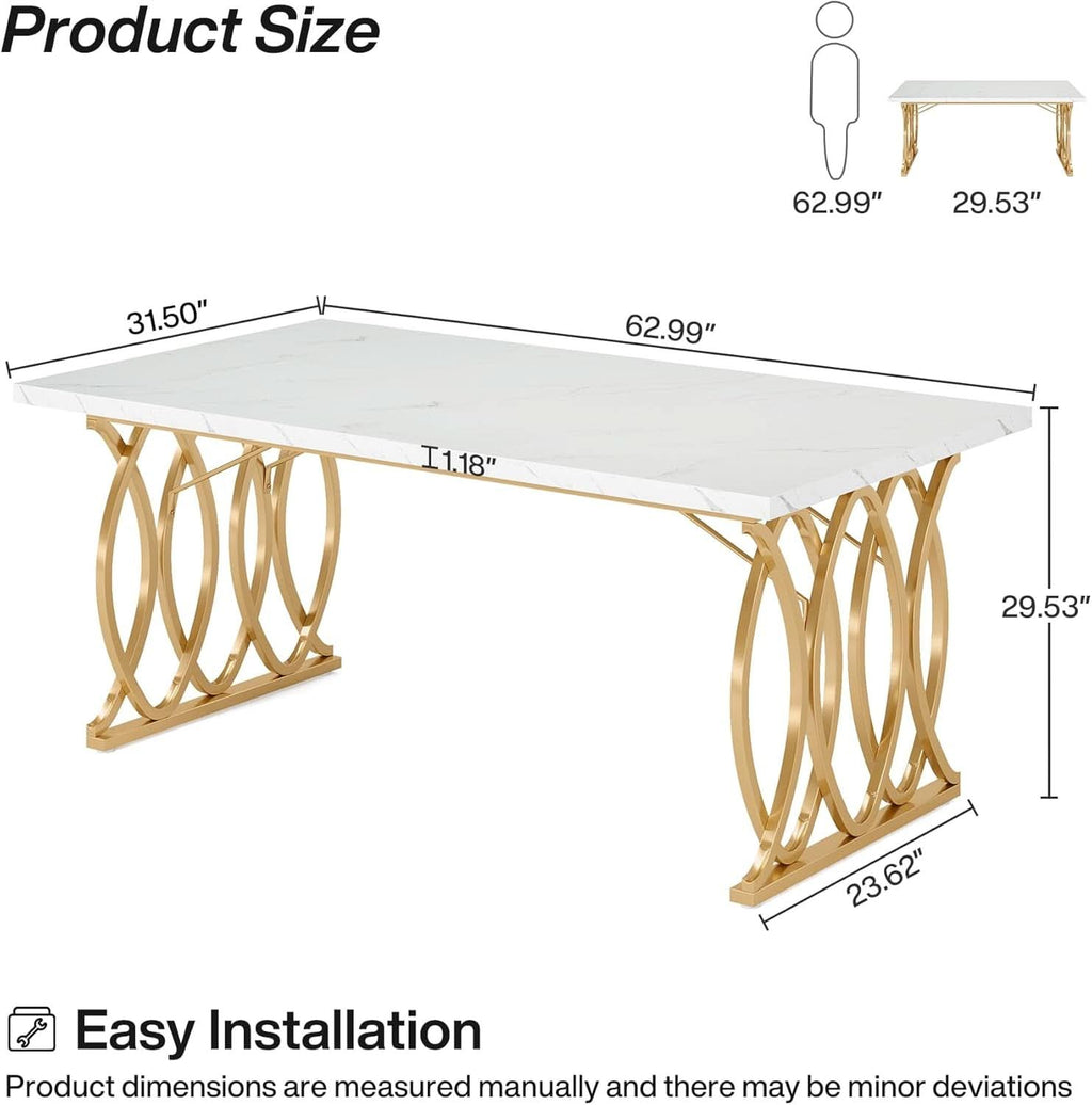 63 Inch Dining Table With Faux Marble Top For Kitchen And Dining Room