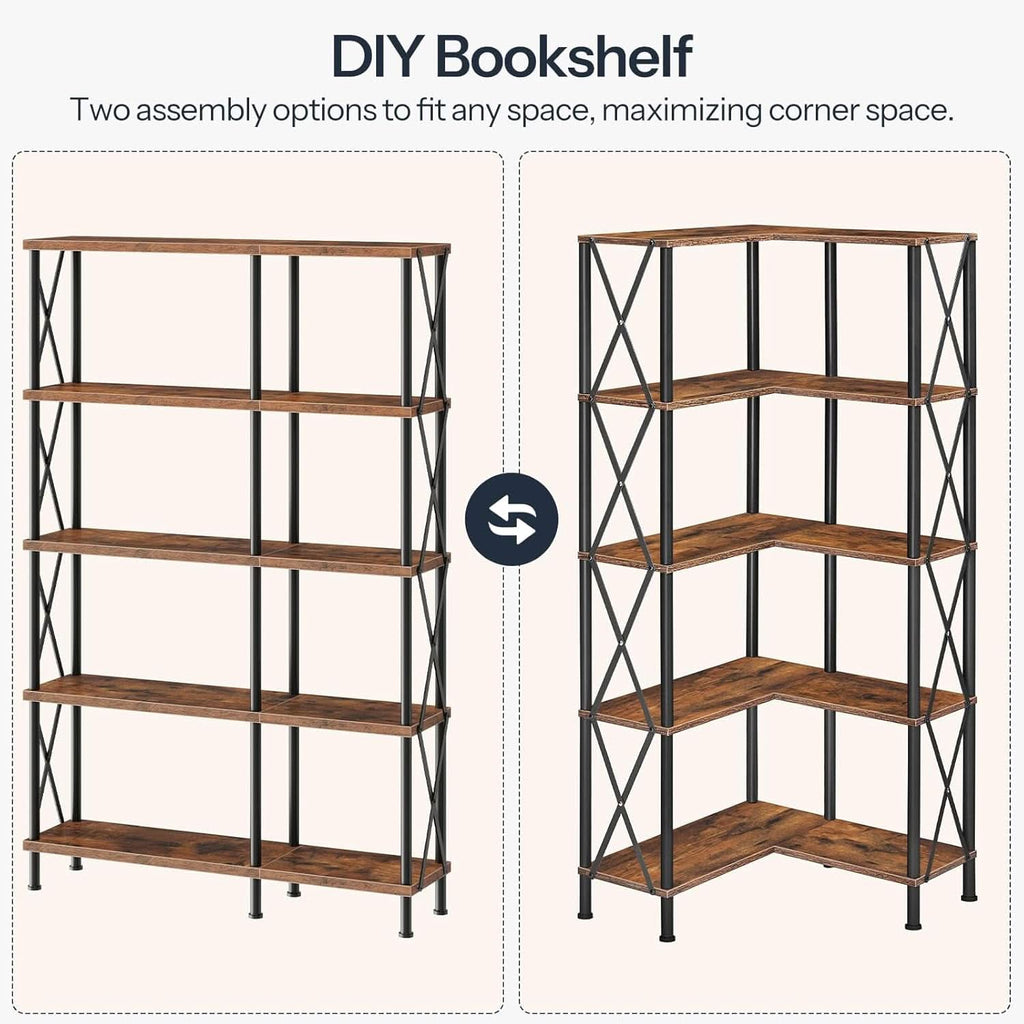 Corner Bookshelf 5-Tier L-Shaped Industrial Bookcase In Rustic Brown
