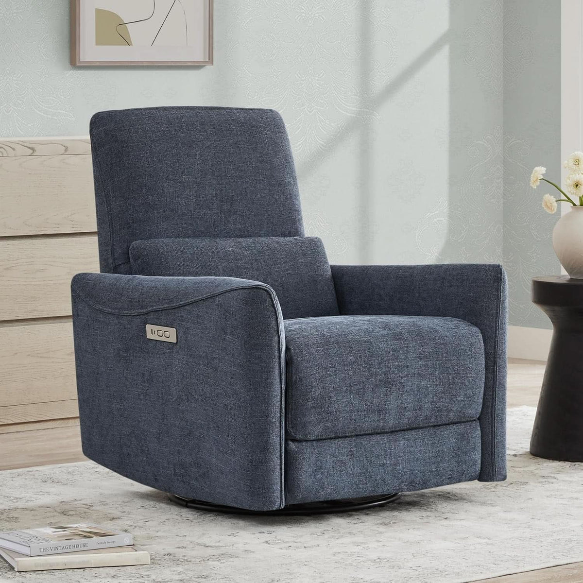 Ink Blue Power Swivel Glider Recliner With USB Charging