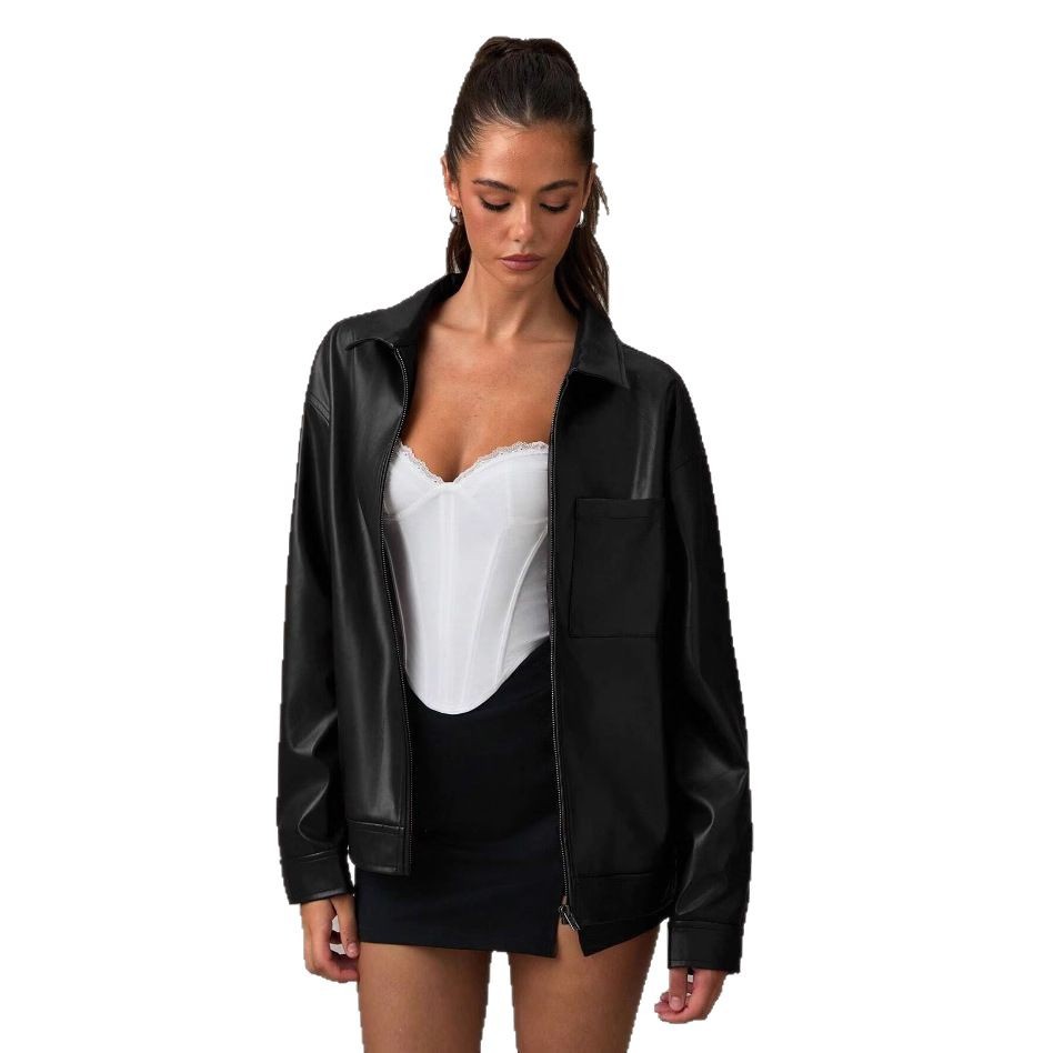 High-end Sophisticated Leather Jacket With A Lapel Collar And Zipper-front Cardigan Top